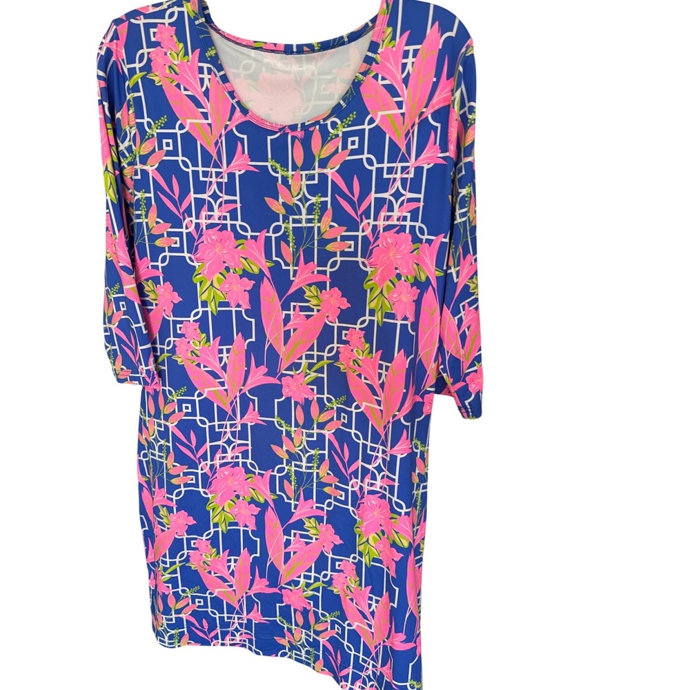 Lulu B Lilies on Royal 3/4 sleeve performance UPF 50+ coolant fabric dress